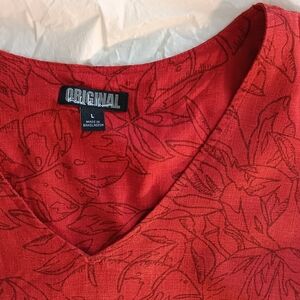 Red Nicole Miller Crisp Linen Leaf Pattern V-Neck Dress w/ Tiered Hem, Size Med.